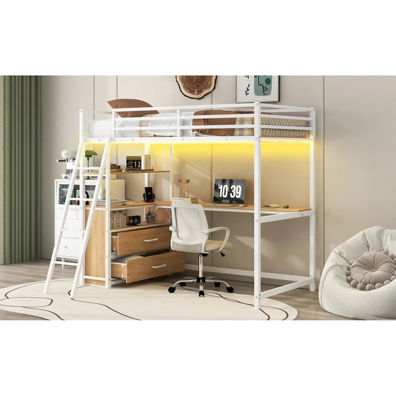 Twin Metal Wood Loft Bed with Desk & LED Light