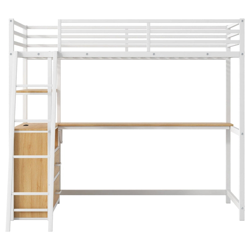 Twin Metal Wood Loft Bed with Desk & LED Light