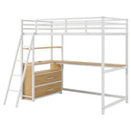 Twin Metal Wood Loft Bed with Desk & LED Light