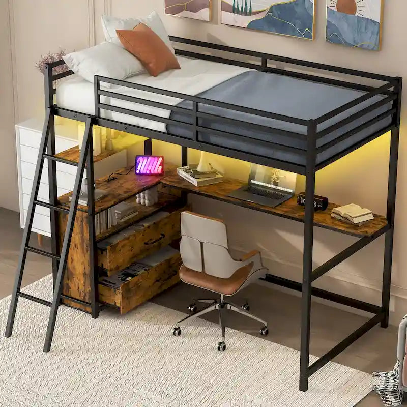 Twin Metal Wood Loft Bed with Desk & LED Light