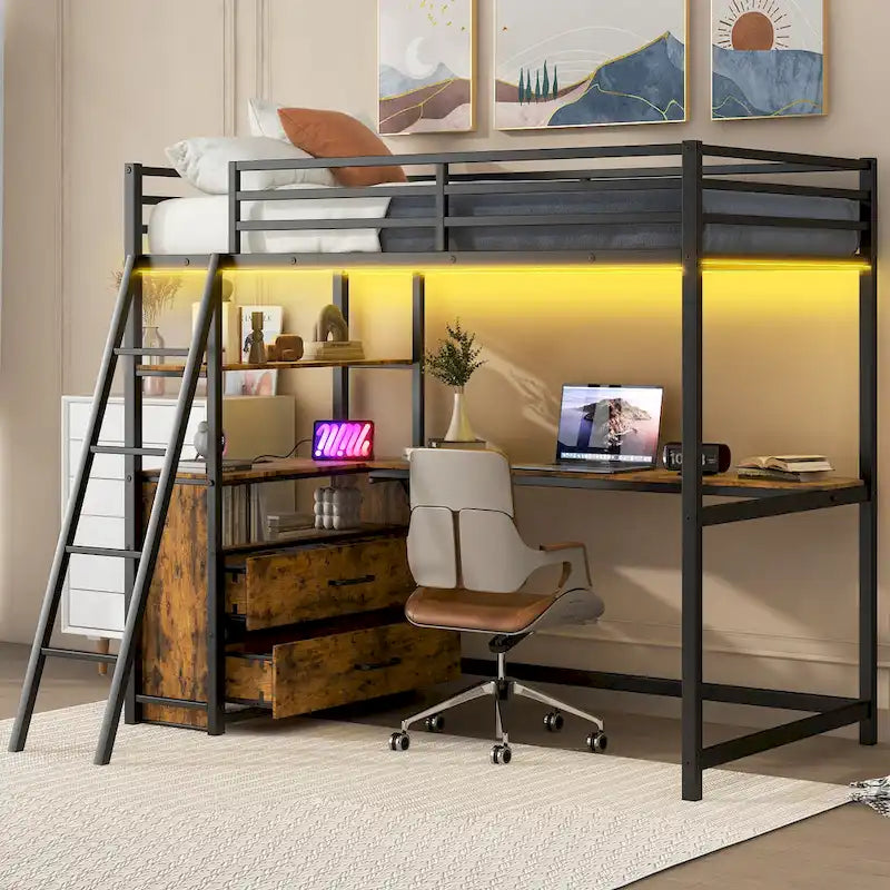 Twin Metal Wood Loft Bed with Desk & LED Light
