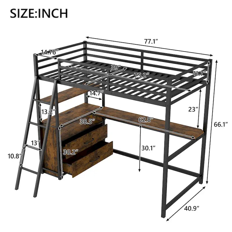 Twin Metal Wood Loft Bed with Desk & LED Light