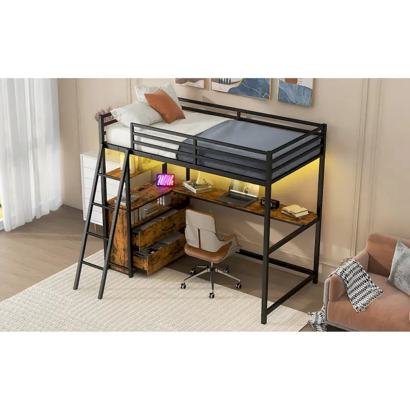 Twin Metal Wood Loft Bed with Desk & LED Light