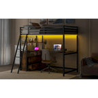Twin Metal Wood Loft Bed with Desk & LED Light