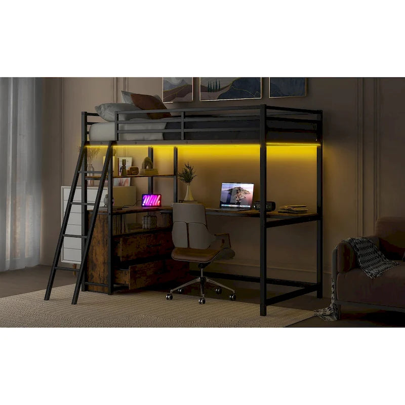 Twin Metal Wood Loft Bed with Desk & LED Light