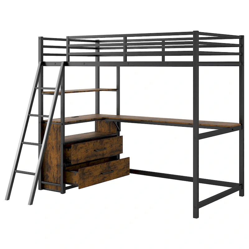 Twin Metal Wood Loft Bed with Desk & LED Light