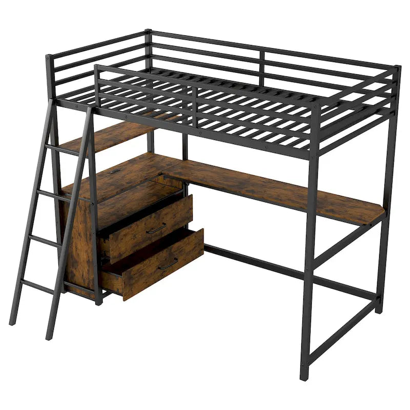Twin Metal Wood Loft Bed with Desk & LED Light