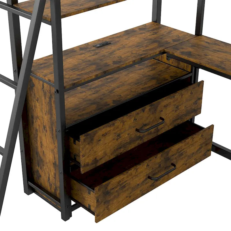 Twin Metal Wood Loft Bed with Desk & LED Light