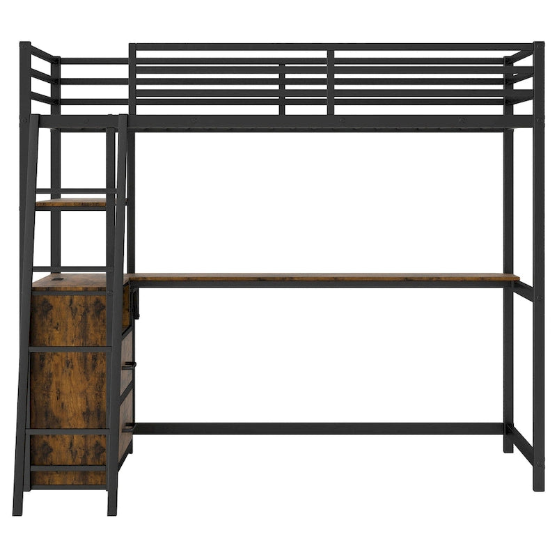 Twin Metal Wood Loft Bed with Desk & LED Light