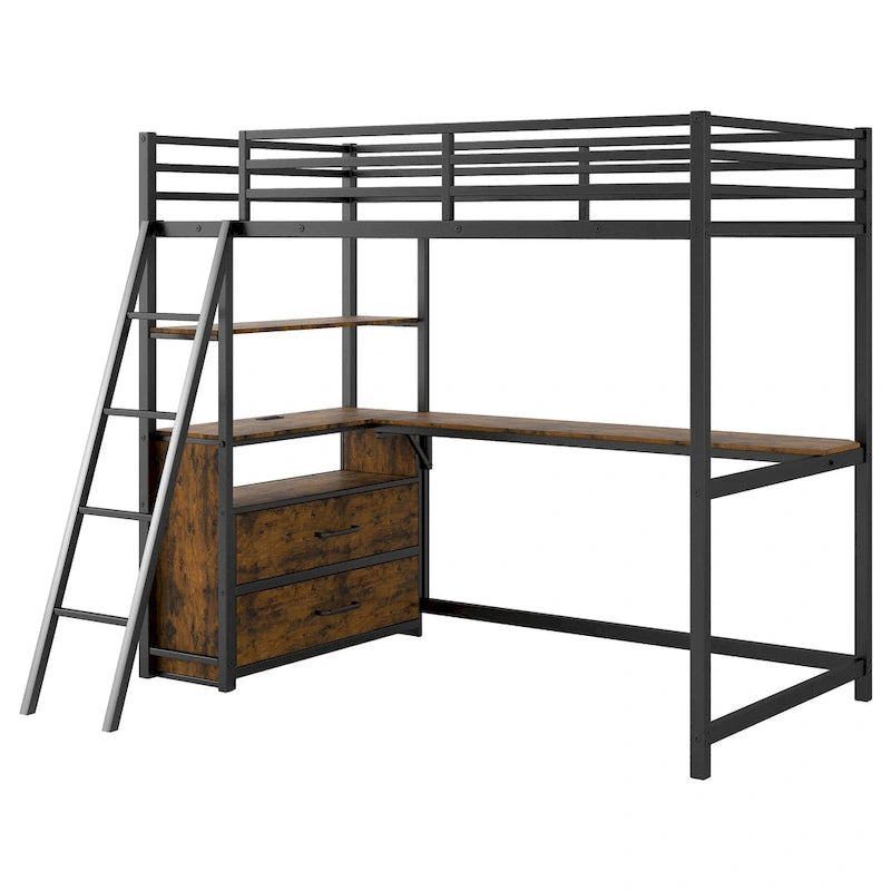 Twin Metal Wood Loft Bed with Desk & LED Light