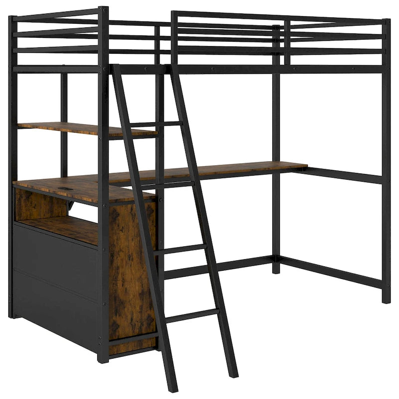 Twin Metal Wood Loft Bed with Desk & LED Light
