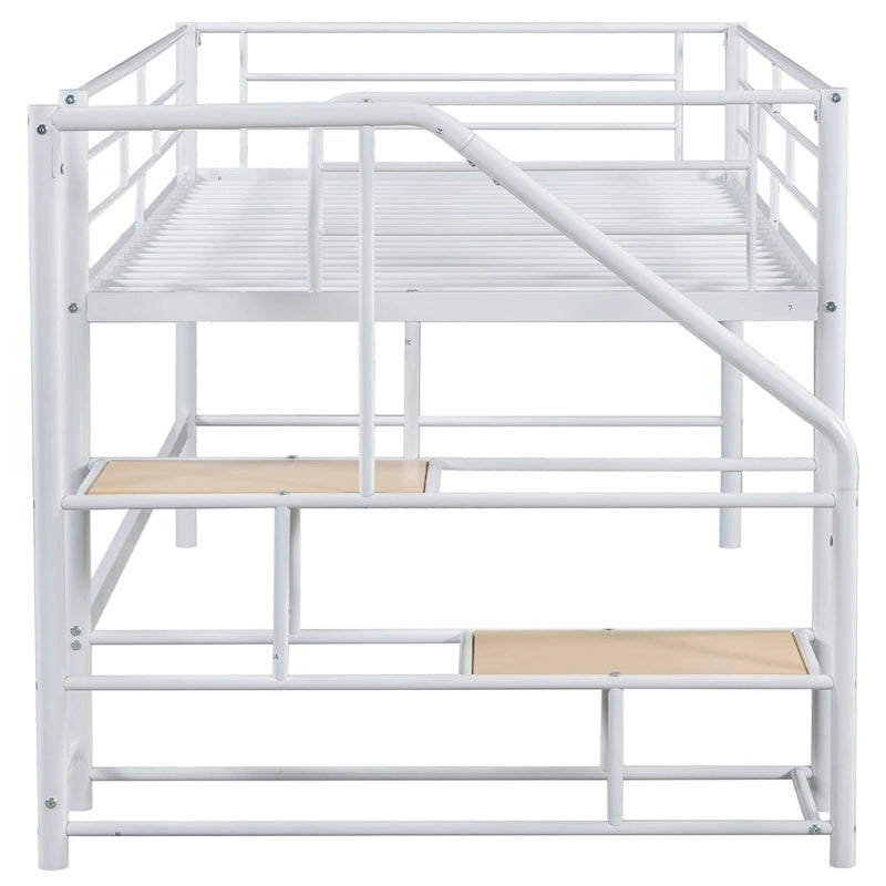 White Twin Metal Mid Loft Bed with Storage Stairs