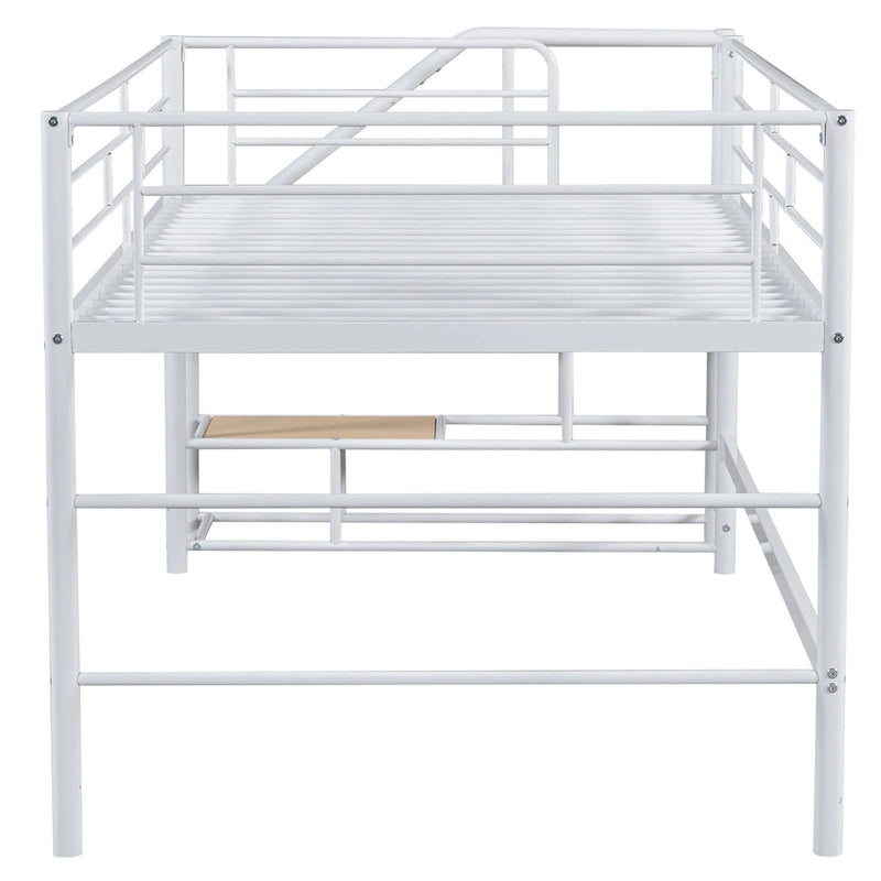 White Twin Metal Mid Loft Bed with Storage Stairs