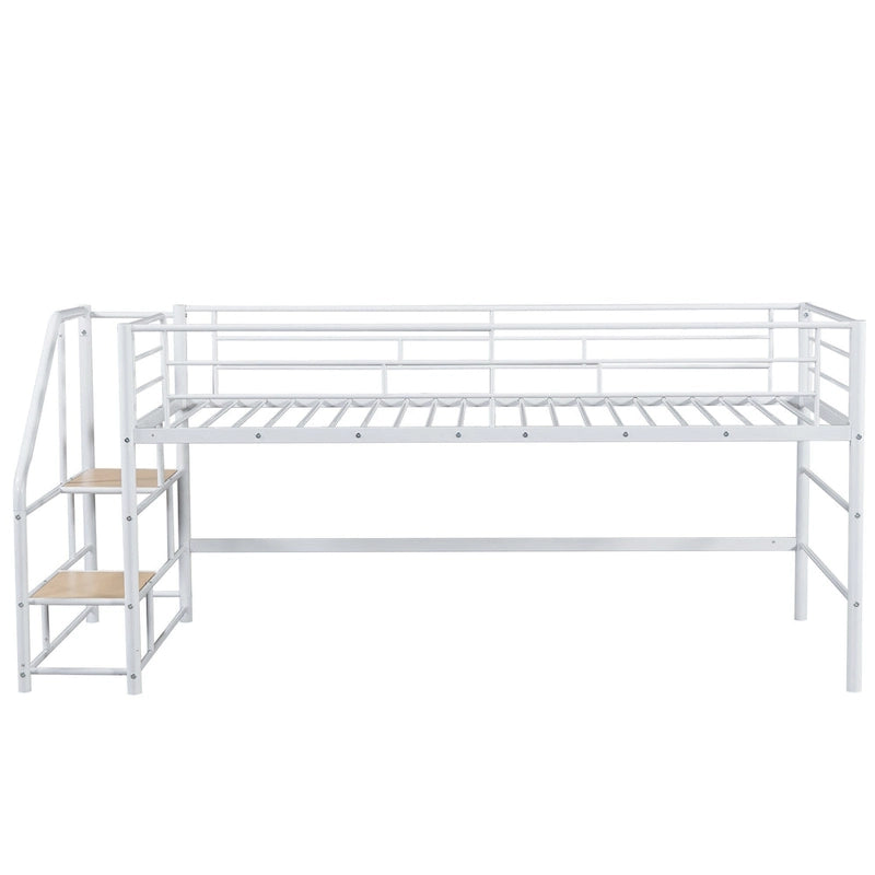 White Twin Metal Mid Loft Bed with Storage Stairs