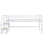 White Twin Metal Mid Loft Bed with Storage Stairs