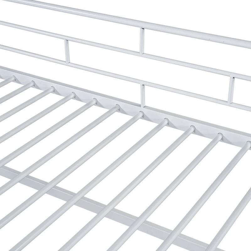 White Twin Metal Mid Loft Bed with Storage Stairs