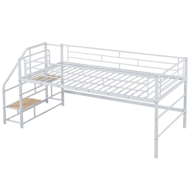 White Twin Metal Mid Loft Bed with Storage Stairs