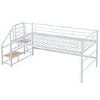 White Twin Metal Mid Loft Bed with Storage Stairs