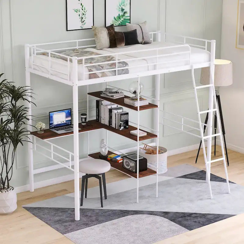 White Twin Metal Loft Bed with Desk & Shelves