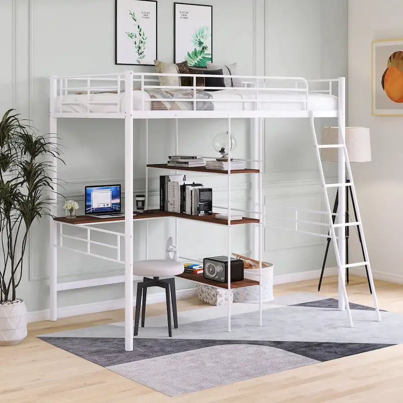 White Twin Metal Loft Bed with Desk & Shelves