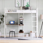White Twin Metal Loft Bed with Desk & Shelves