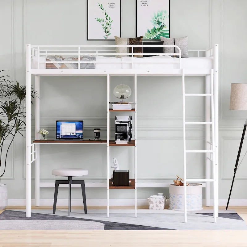 White Twin Metal Loft Bed with Desk & Shelves