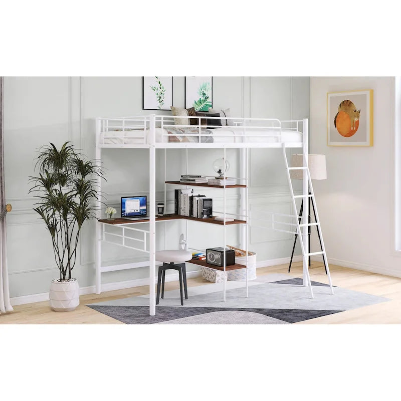 White Twin Metal Loft Bed with Desk & Shelves