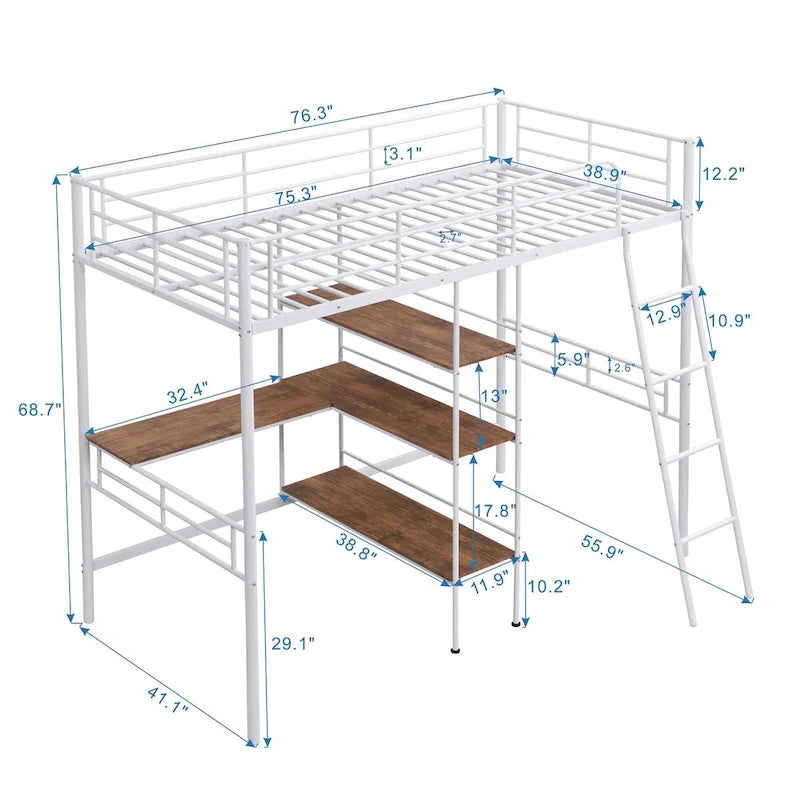 White Twin Metal Loft Bed with Desk & Shelves