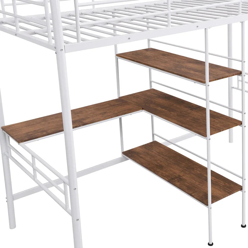White Twin Metal Loft Bed with Desk & Shelves
