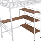White Twin Metal Loft Bed with Desk & Shelves