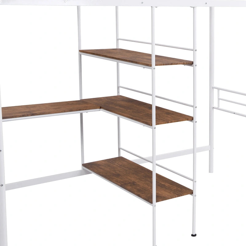 White Twin Metal Loft Bed with Desk & Shelves