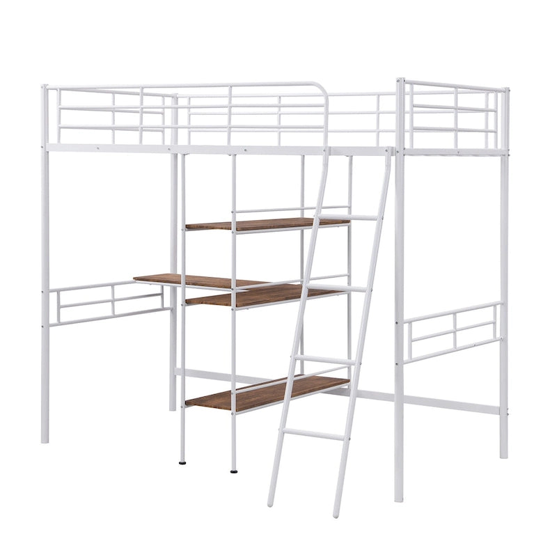 White Twin Metal Loft Bed with Desk & Shelves