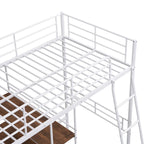 White Twin Metal Loft Bed with Desk & Shelves