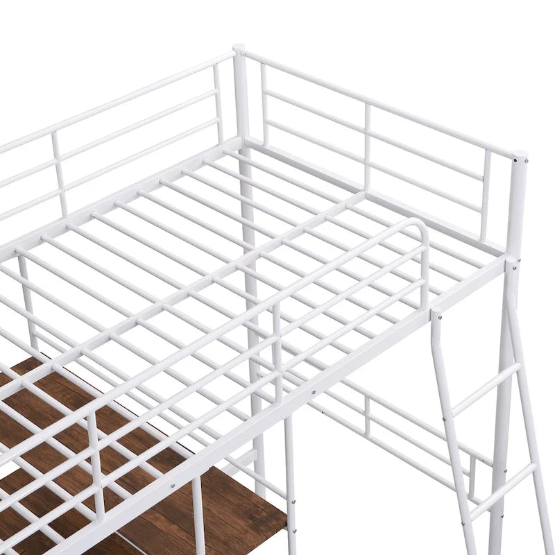 White Twin Metal Loft Bed with Desk & Shelves