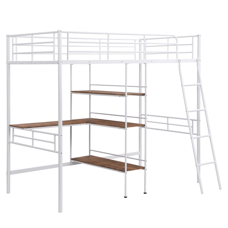 White Twin Metal Loft Bed with Desk & Shelves