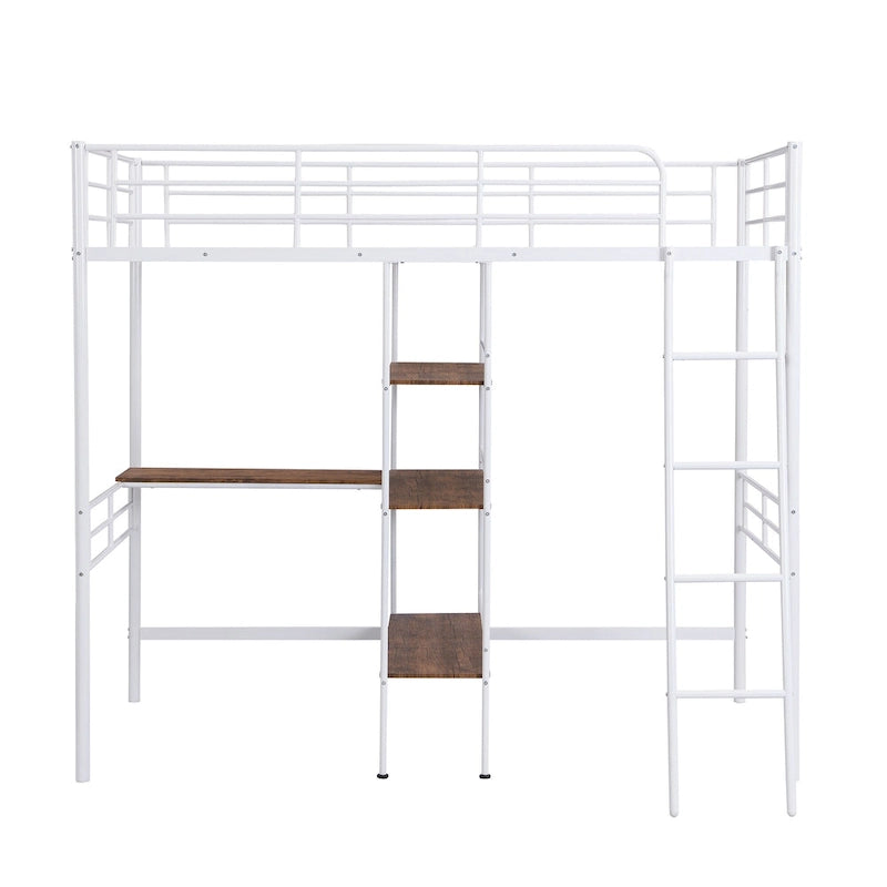 White Twin Metal Loft Bed with Desk & Shelves