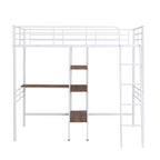 White Twin Metal Loft Bed with Desk & Shelves