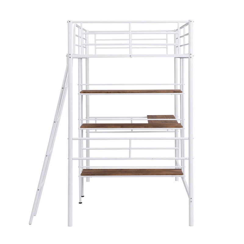 White Twin Metal Loft Bed with Desk & Shelves