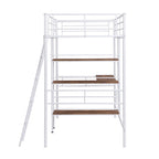 White Twin Metal Loft Bed with Desk & Shelves