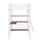 White Twin Metal Loft Bed with Desk & Shelves