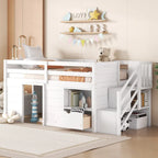 White Twin Solid Wood Low Loft Bed with Stair & Drawer