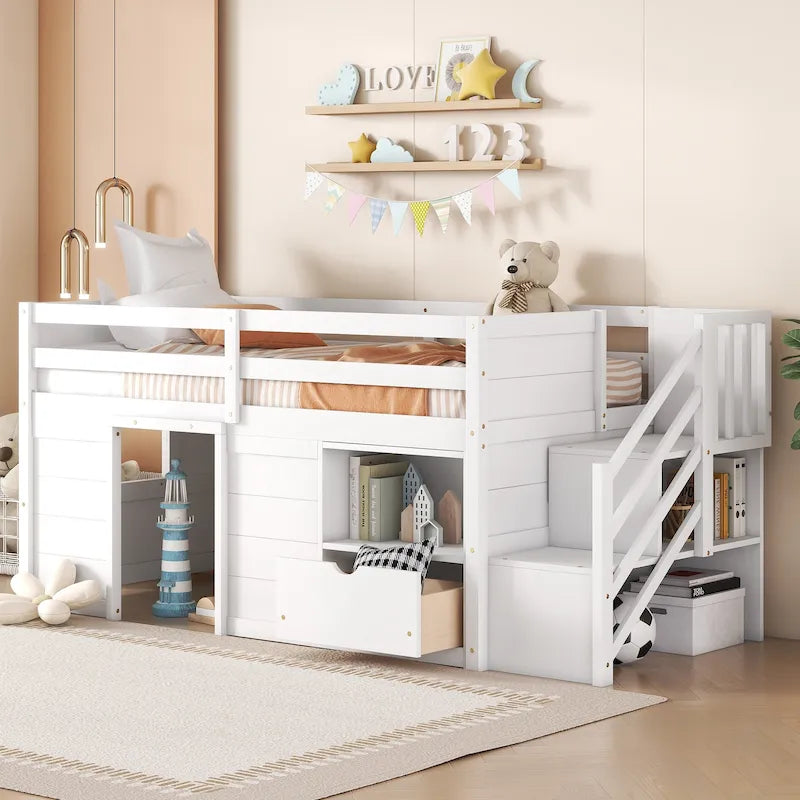 White Twin Solid Wood Low Loft Bed with Stair & Drawer