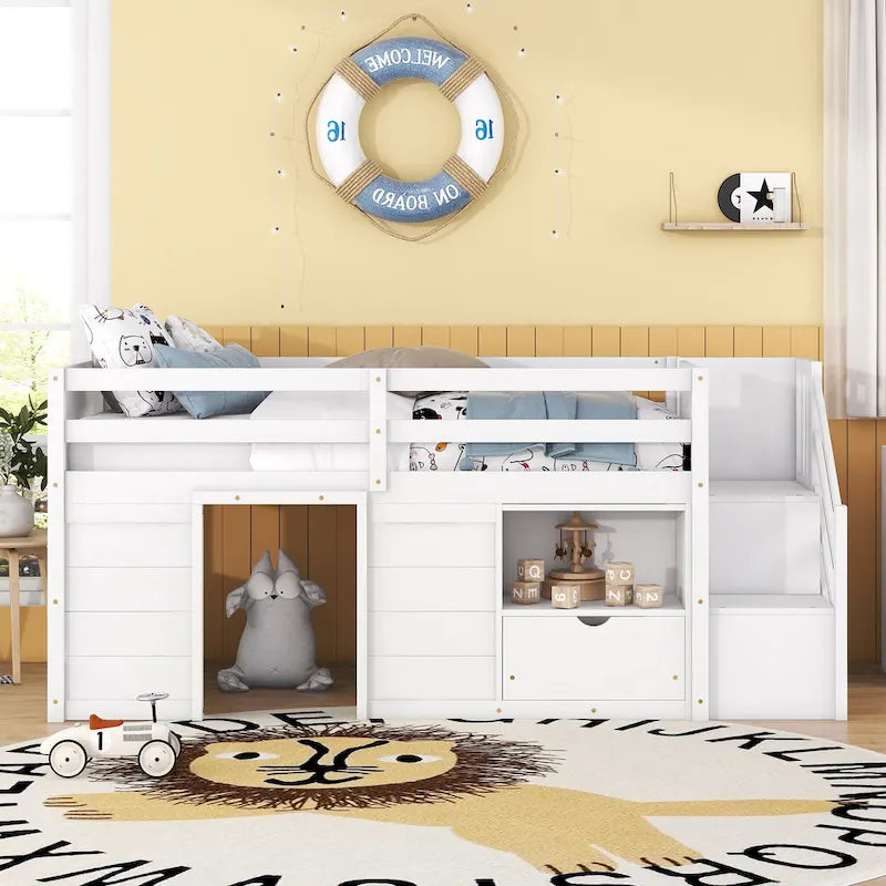 White Twin Solid Wood Low Loft Bed with Stair & Drawer