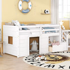 White Twin Solid Wood Low Loft Bed with Stair & Drawer
