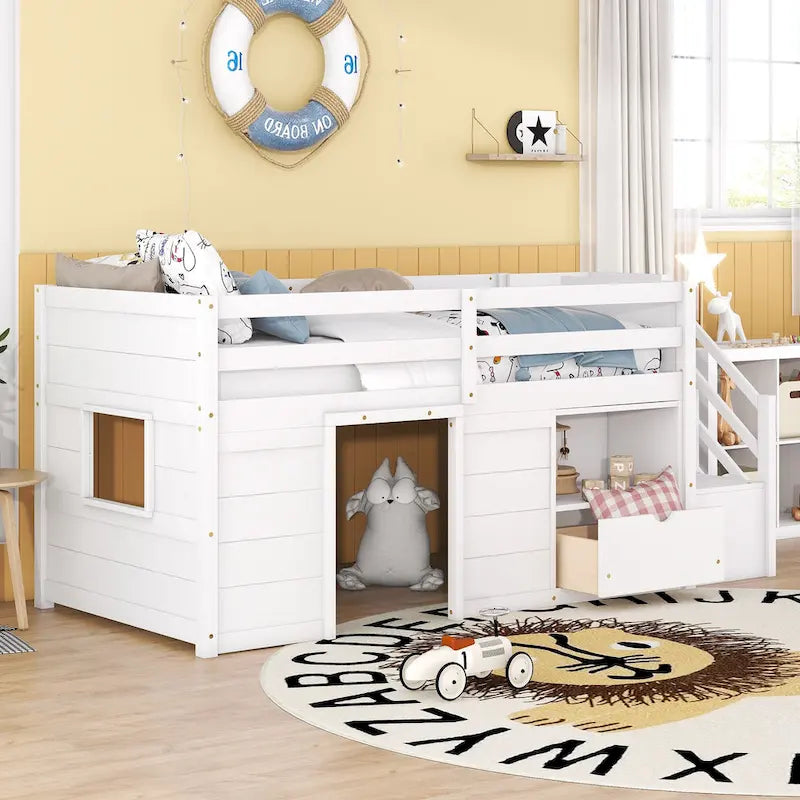 White Twin Solid Wood Low Loft Bed with Stair & Drawer