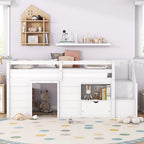 White Twin Solid Wood Low Loft Bed with Stair & Drawer