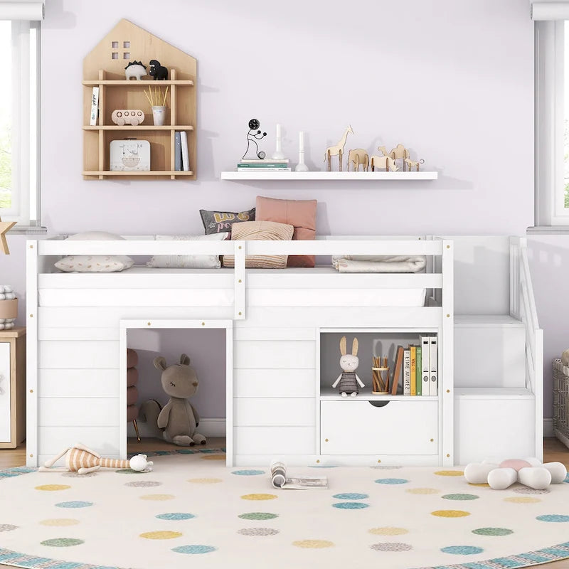 White Twin Solid Wood Low Loft Bed with Stair & Drawer