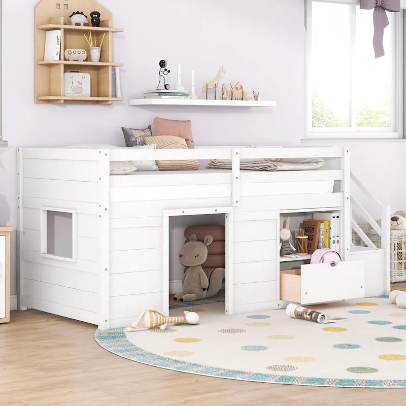 White Twin Solid Wood Low Loft Bed with Stair & Drawer