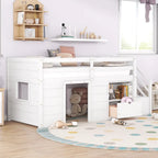 White Twin Solid Wood Low Loft Bed with Stair & Drawer