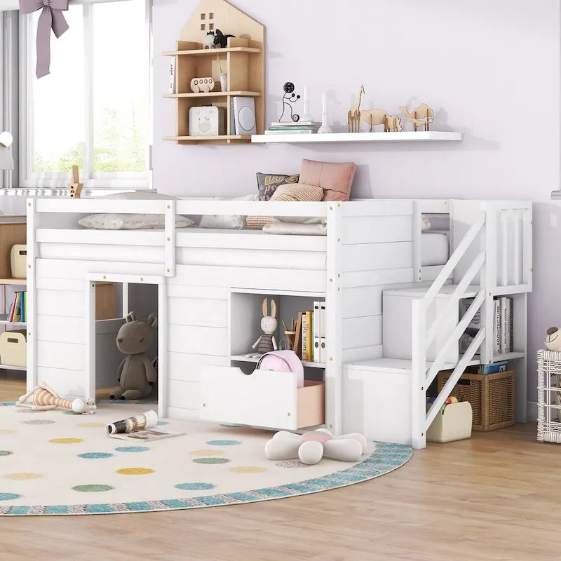 White Twin Solid Wood Low Loft Bed with Stair & Drawer